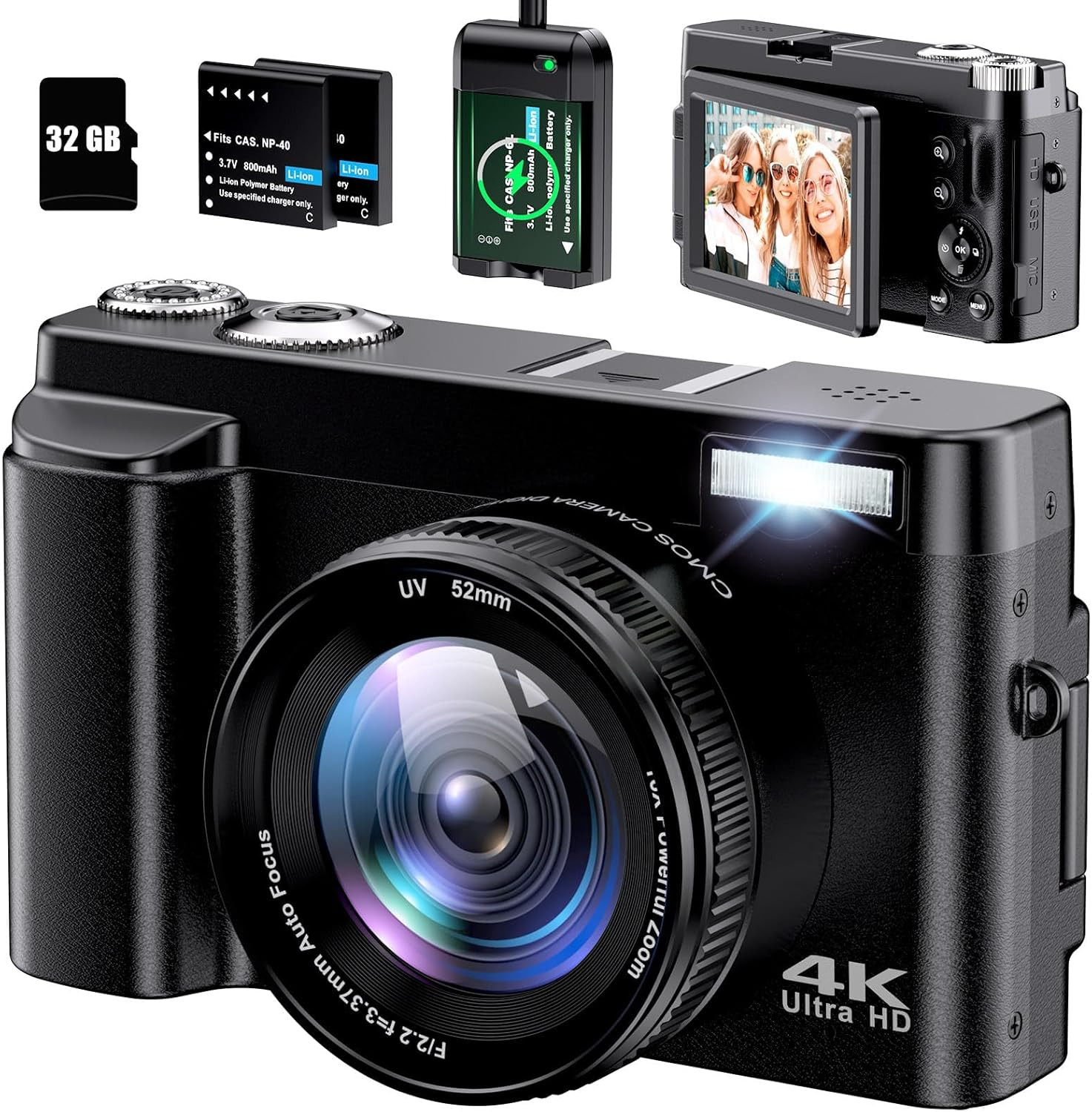 4K Digital Camera for Photography Autofocus 48MP 4K Camera with SD Card, 180° 3.0 inch Flip Screen Vlogging Camera for YouTube Video Compact Cameras with 16X Digital Zoom, Anti-Shake, 2 Batteries