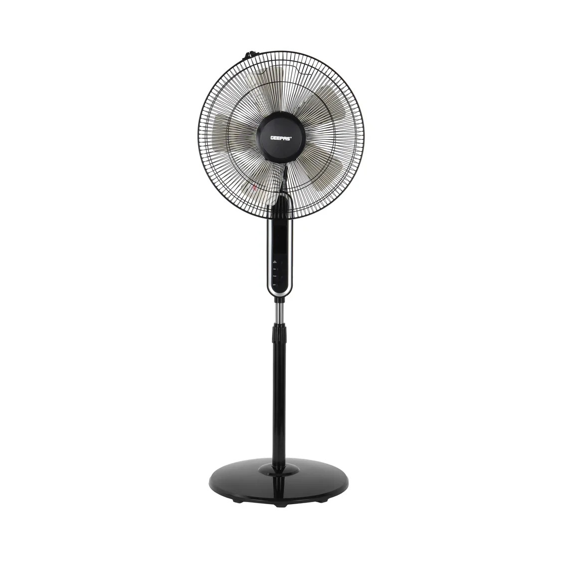 Geepas GF21112 is a 16-inch stand fan that comes with a remote control. It uses 60 watts of power and has three speed settings