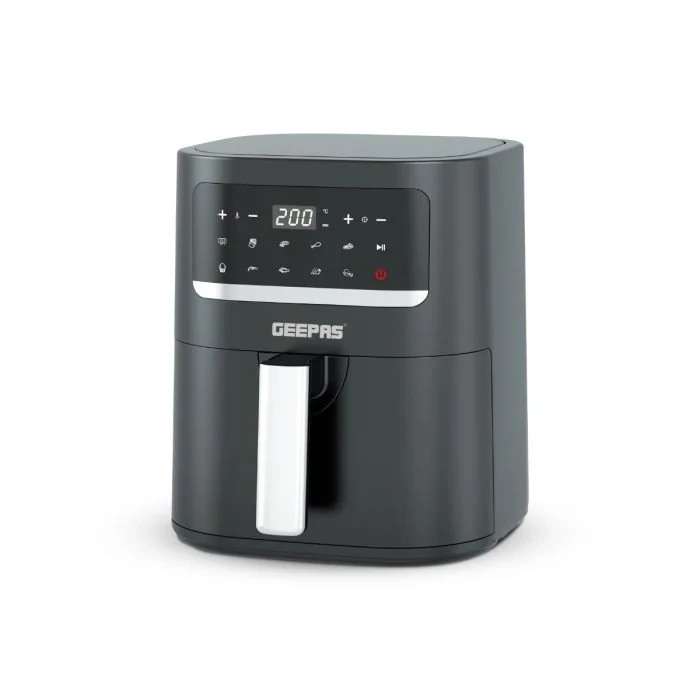 The Geepas Digital Air Fryer model GAF6107Q has a 3.5-liter capacity and uses Vortex Air Frying Technology. It comes with 10 preset programs, a digital display, adjustable temperature settings, and a 