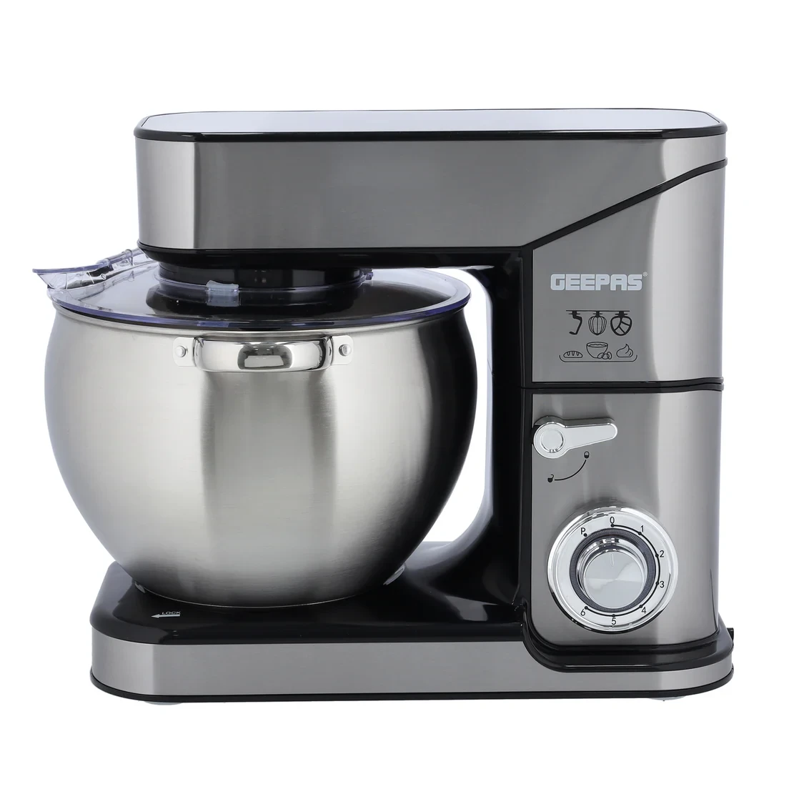 Geepas GSM43041 kitchen machine comes with a 10-liter stainless steel bowl, a stand mixer with 2000 watts of power, 6 speed settings, and includes three mixing attachments a whisk, a beater, and a dou