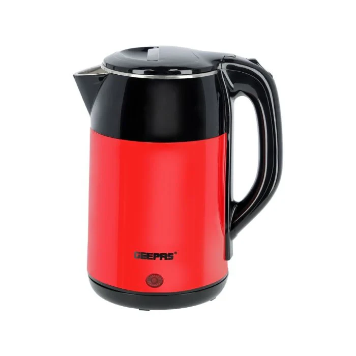 Geepas Double Layer Electric Kettle with 1.8 liters capacity model GK6138, 1500 watts power for quick boiling, includes a safety cut-off feature, has a cool-touch exterior, is made of durable stainles