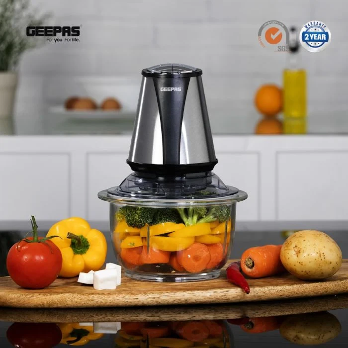Geepas GMC42014 Multi Chopper features a 400W strong motor, 2-speed control options, a 1.2L sturdy glass bowl, stainless steel blades, and is a compact food processor.