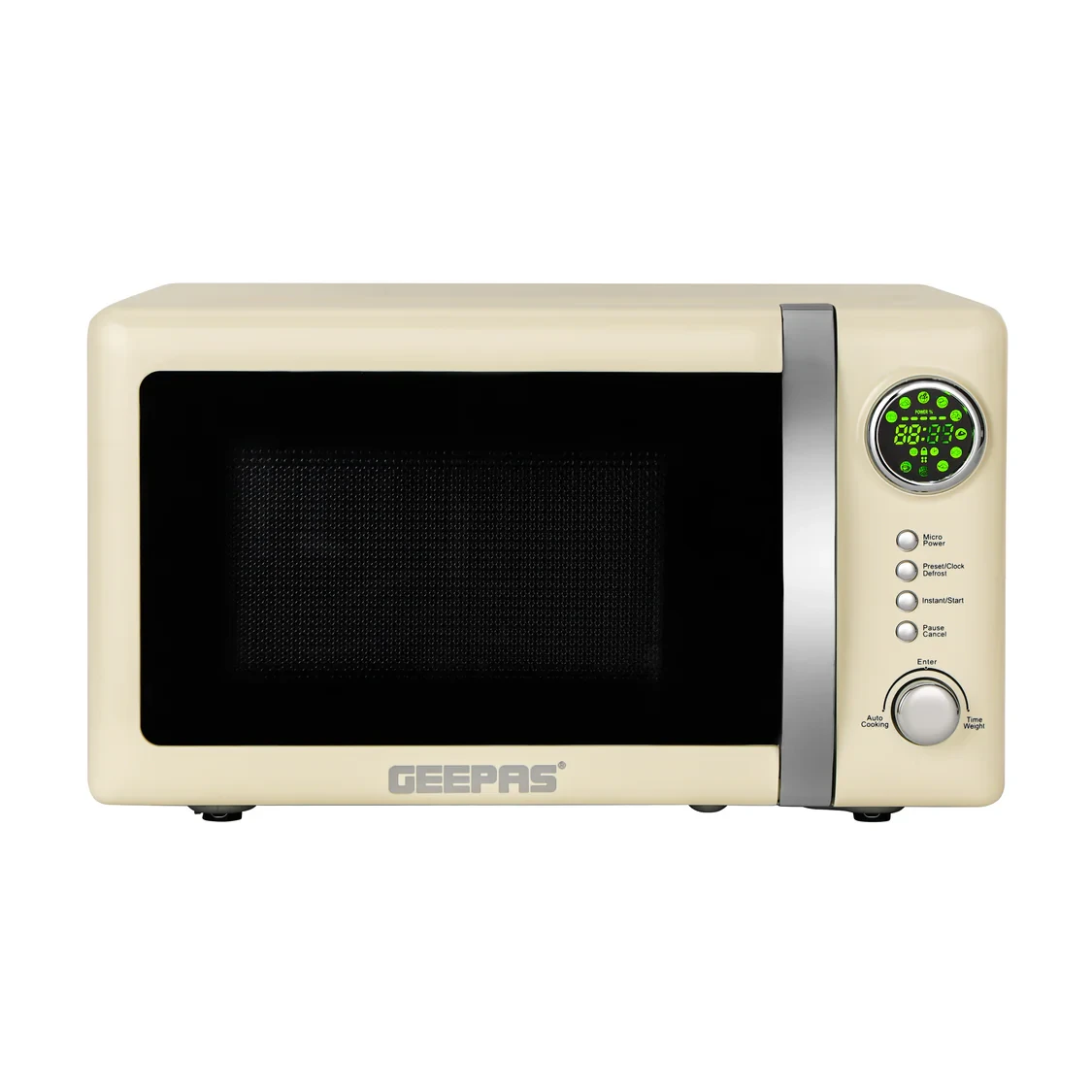 Geepas 20L Digital Microwave Oven GMO2025CW has 700 watts of power. It comes with 12 quick start preset buttons. There is a defrost function for easy thawing. It also has a child lock feature for safe