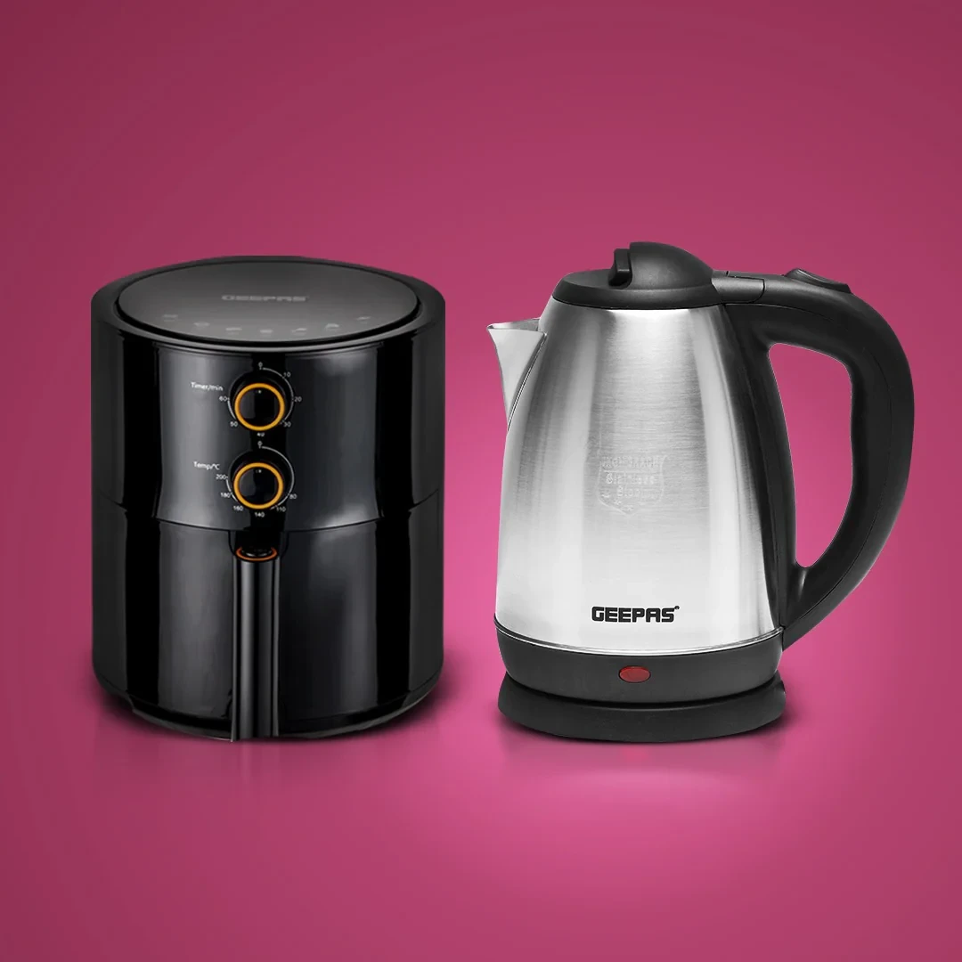 Geepas Kitchen Power Duo Combo – 4L Vortex Air Fryer and 1.8L Stainless Steel Kettle Set, a home essential combo for smart and healthy living.
