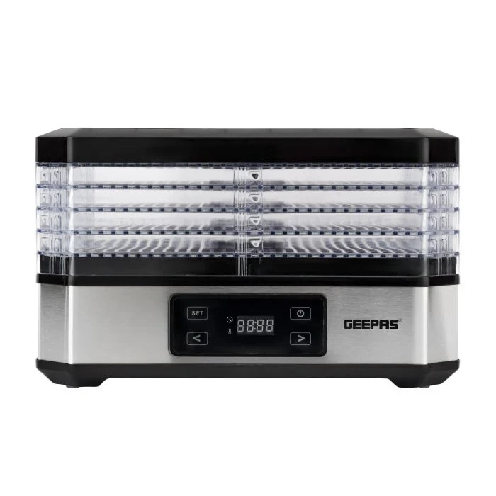 Geepas Digital Food Dehydrator GFD63013N with 500 watts power, features 5 stackable trays, adjustable temperature settings, and a 48-hour timer, making it ideal for drying fruits, vegetables, and othe
