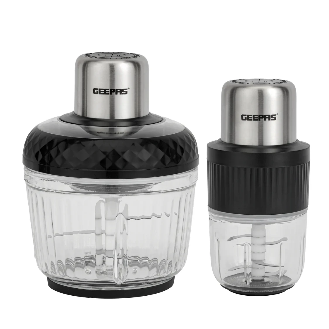 Geepas GMC42030 Multi Chopper, 500 watts, comes with 2.5-liter and 0.3-liter cups. It's a compact, multi-purpose chopper that can mince, chop coarsely, and finely. Made of stainless steel, it has a bl