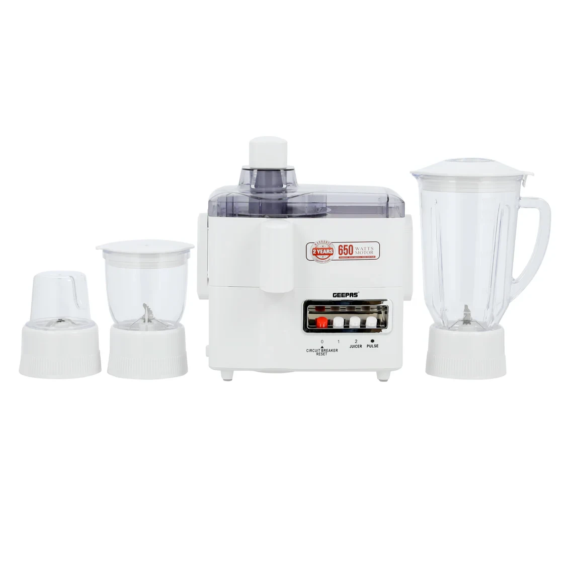 Geepas 4-in-1 Food Processor GSB6147 features a 650W powerful motor, a transparent plastic jar with stainless steel blades, overheat protection, a 2-speed control option, and comes in a white color.