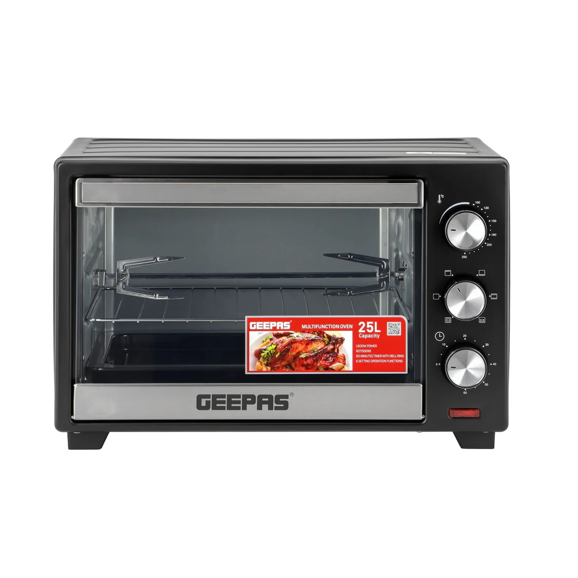 Geepas Electric Oven GO34040 has a 25-liter capacity and uses 1600 watts of power. It includes a rotisserie function for cooking meat and other items
