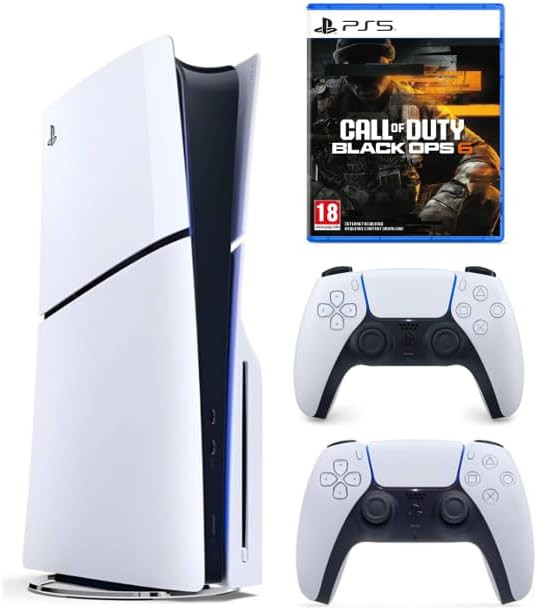 Sony PlayStation 5 Slim Disc Edition from 2023, includes an extra white DualSense controller and the game Call of Duty Black Ops 6, international version, with a 1TB SSD and 4K gaming capabilities.