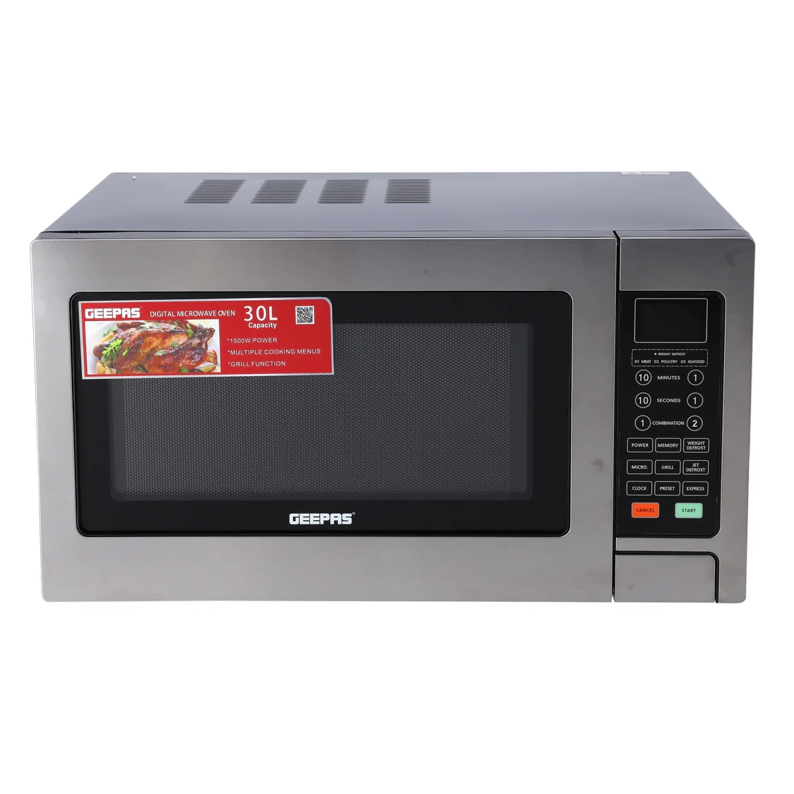 Geepas Digital Grill Microwave Oven GMO1897 with 30-liter capacity, 1000 watts power, multiple cooking menus, child safety lock, digital control panel, and features for reheating, defrosting, and gril