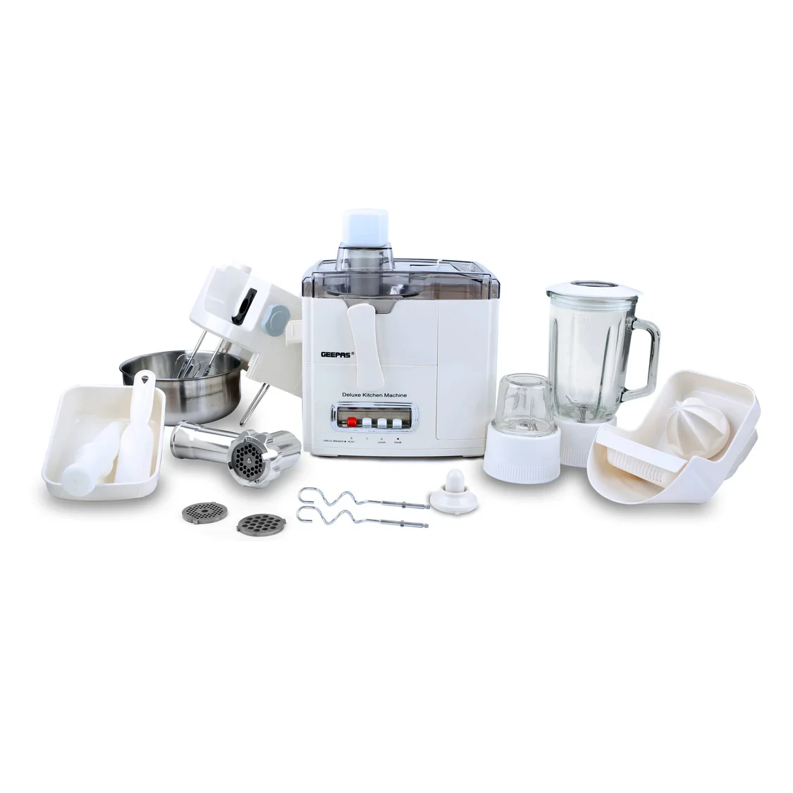 Geepas 10-in-1 Food Processor and Juicer GSB1650 features a 400W strong motor and comes with a 1.5L blender jar. It's a versatile tool that can chop, grind, and crush ice.