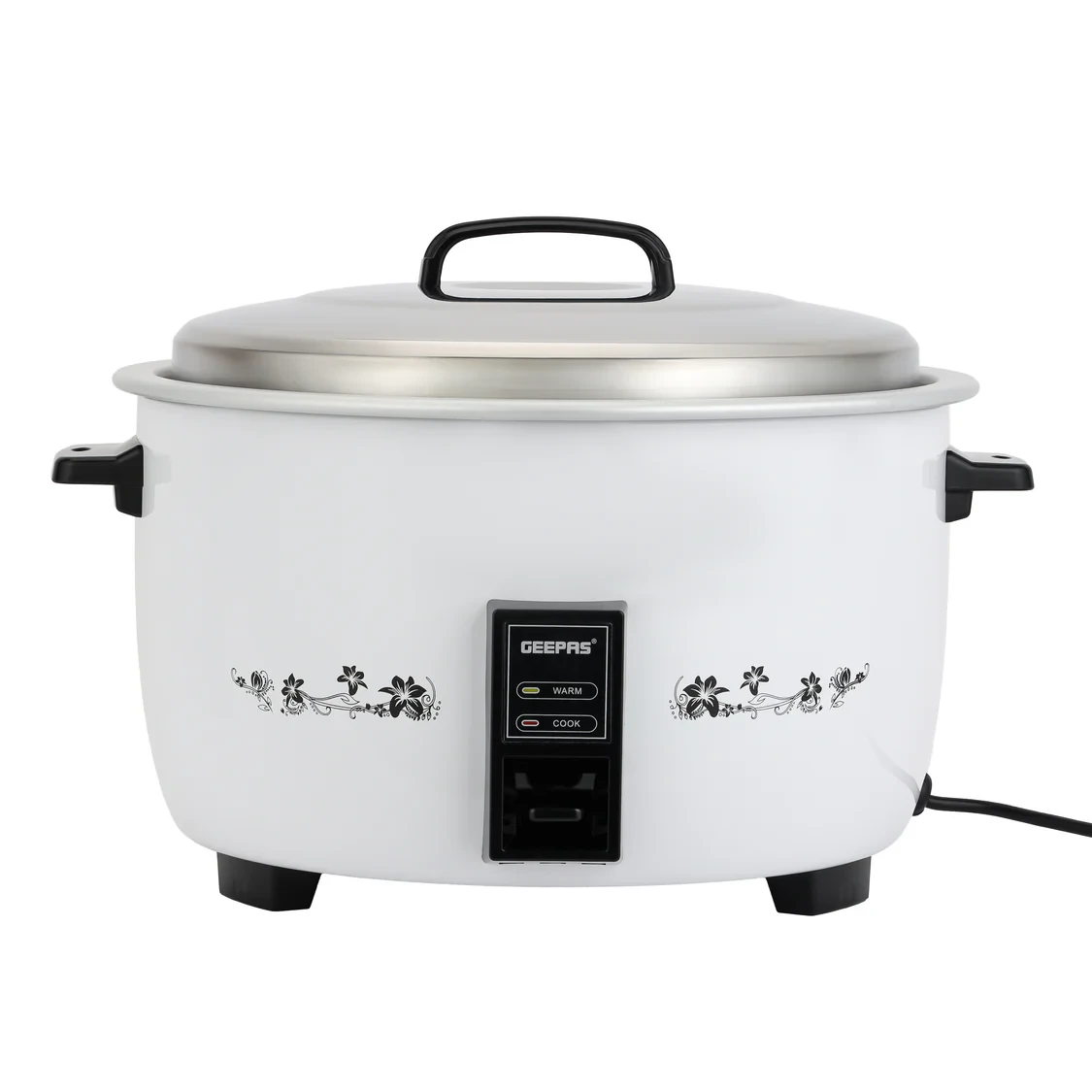 Geepas Commercial Rice Cooker GRC4322 with 8-liter large capacity, 2500W powerful heating, cook and keep warm function, and a removable aluminum inner pot.