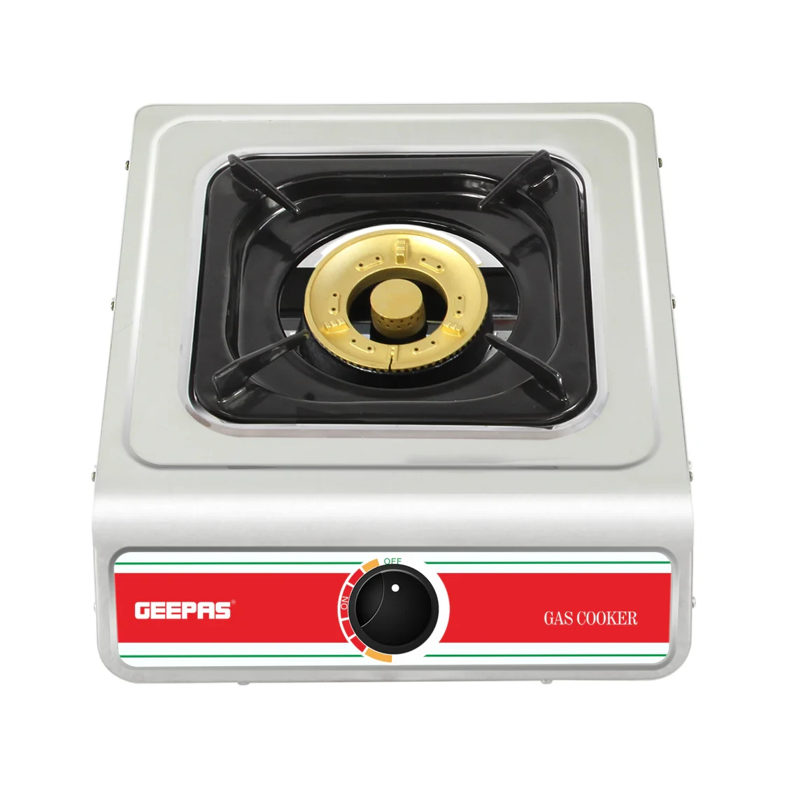 Geepas GK681 Stainless Steel Gas Cooker with a single burner, featuring a large twin tube burner, an auto ignition system, and a fuel-efficient cast iron burner.