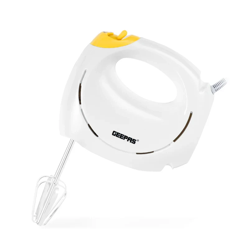 Geepas Hand Mixer GHM43012, 150W hand mixer with 7 speed settings, turbo function, stainless steel beaters, lightweight design, easy to use and clean.