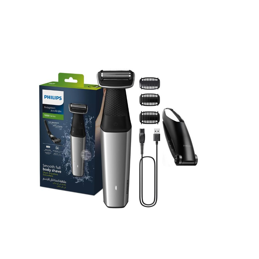 Philips Bodygroom BG5021/15,Showerproof Groin & Body Trimmer,Body Shaver, 3-Length Combs,60min Cordless, Skin Protection, Back Reach Attachment Black/Grey