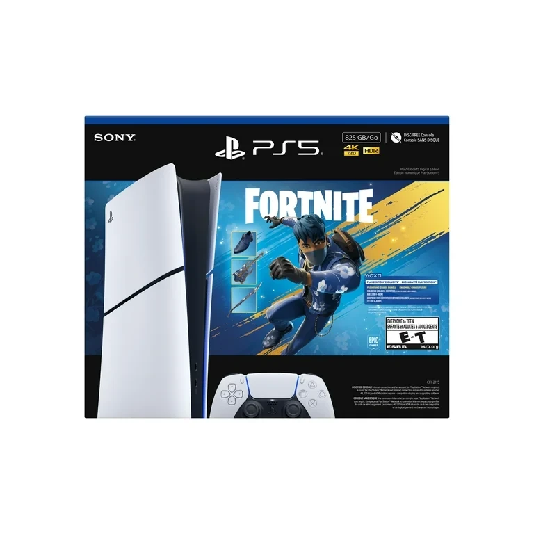 PlayStation PS5 Digital Edition with 825GB storage, Fortnite bundle, 4K gaming console, and DualSense controller.