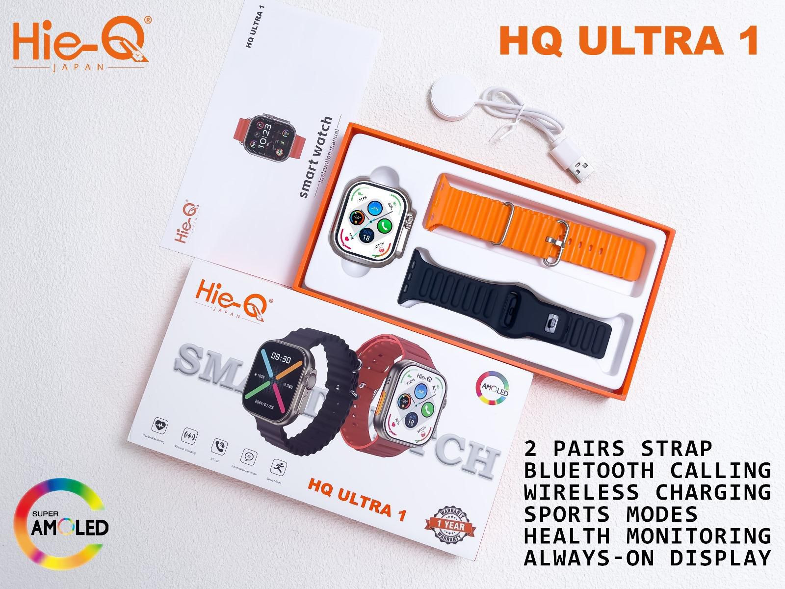 HQ- ULTRA 1 Smart Watch| Bluetooth Calling| Sports Modes| Always- On Display| Health Monitoring| 2 Straps Belt
