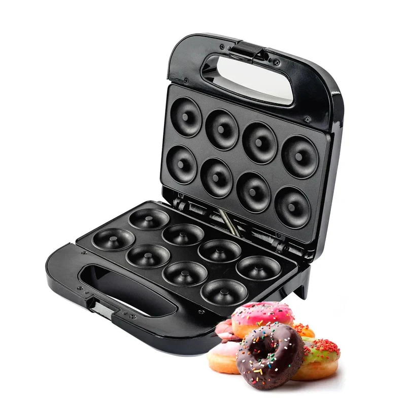 Geepas Nut Maker model GNM36531 has a capacity for 12 pieces, uses 750 watts of power, comes with non-stick plates, has a cool-touch handle, includes overheat protection, and features indicator lights