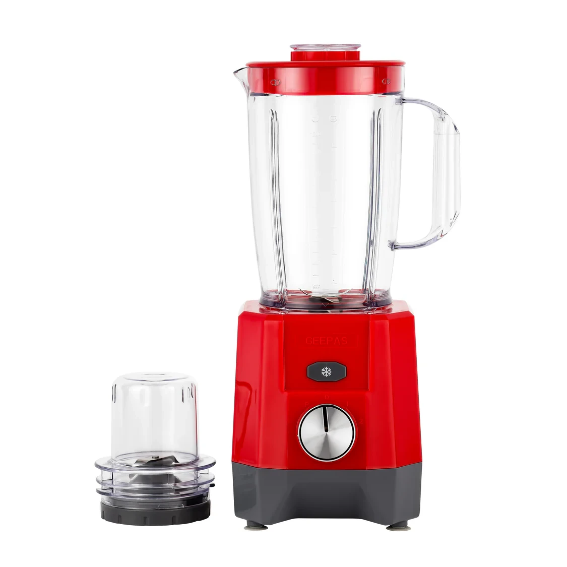 Geepas 2-in-1 Blender GSB44107 features a 650W strong motor with two speed settings and a pulse function. It comes with durable jars and stainless steel blades. A grinder attachment is also included.
