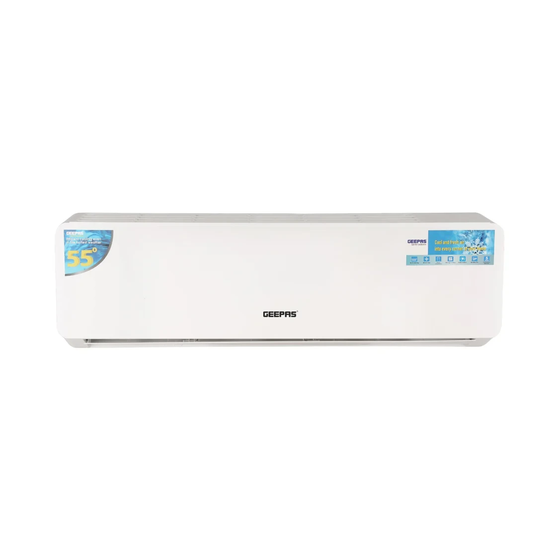 Geepas 2 Ton Split AC with 24,000 BTU cooling capacity, using R410A refrigerant, features a high-efficiency piston compressor that's large in size for strong cooling performance