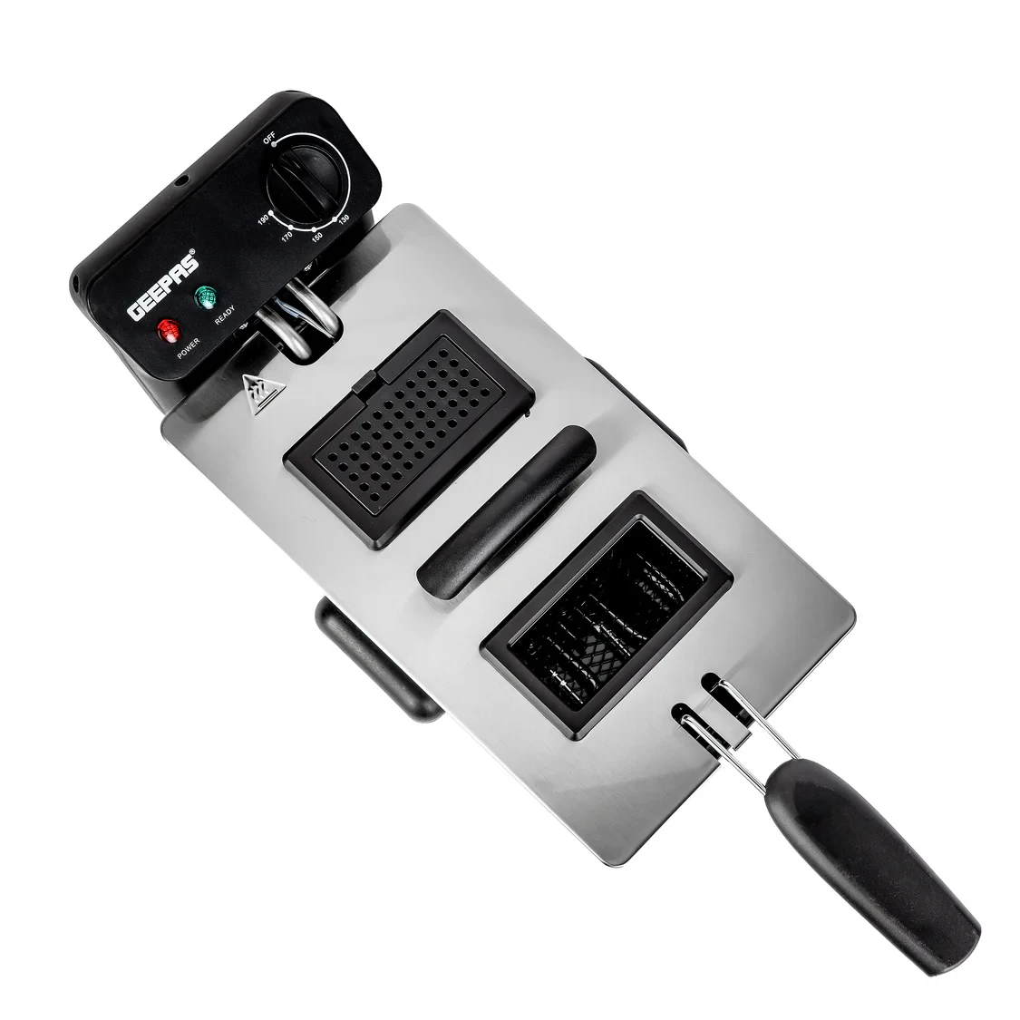 Geepas Deep Fryer GDF36015N 3.0L – Made with stainless steel body, has adjustable temperature control, comes with a fully immersible heating element, and has a black and silver color.