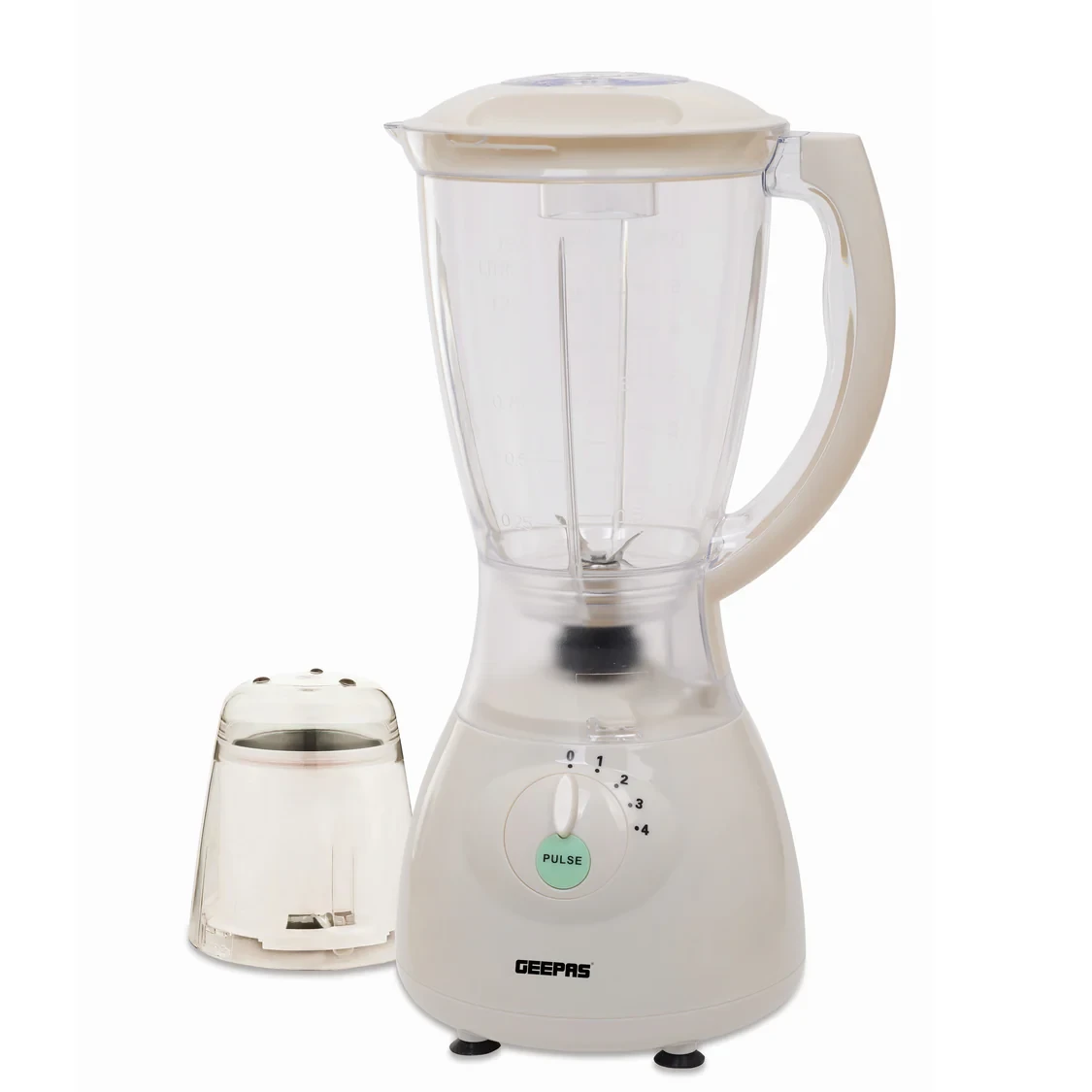 Geepas GSB5484 2-in-1 blender comes with a 400-watt motor that works strongly. It has a 1.5-liter jar that also includes a grinder.