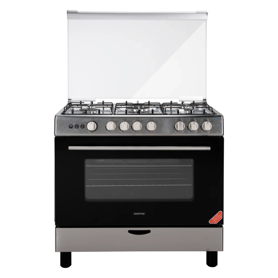 Geepas GCR9060NPSRC Cooking Range, dimensions 90x60cm, featuring 5 gas burners, electric ignition, oven lamp, timer, and rotisserie, with a stainless steel housing and double glass door.
