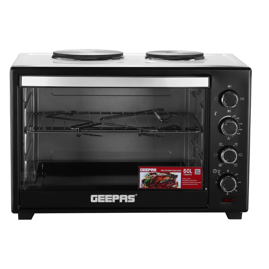 Geepas Electric Oven GO4452 has a 60-liter capacity and uses 2000 watts of power. It comes with convection and rotisserie functions. You can adjust the temperature easily