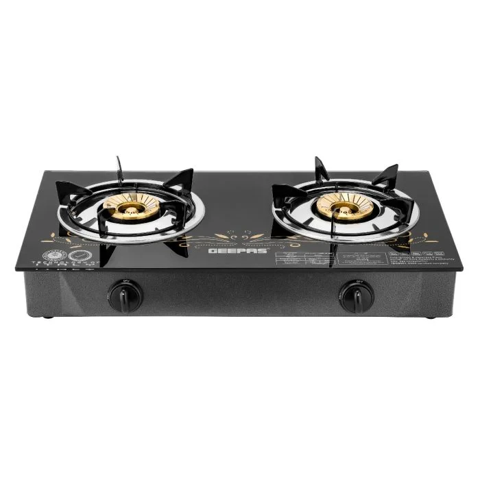 Geepas GK4280 gas cooker comes with two burners and a brass stove. It features a tempered glass panel, auto ignition, and a stainless steel body