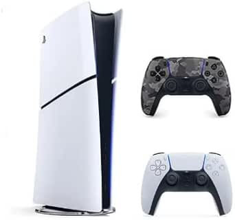 Sony PlayStation 5 Slim Digital Edition from 2023 comes with an extra grey camouflage DualSense controller. It the international version, has a 1TB SSD and is capable of 4K gaming.