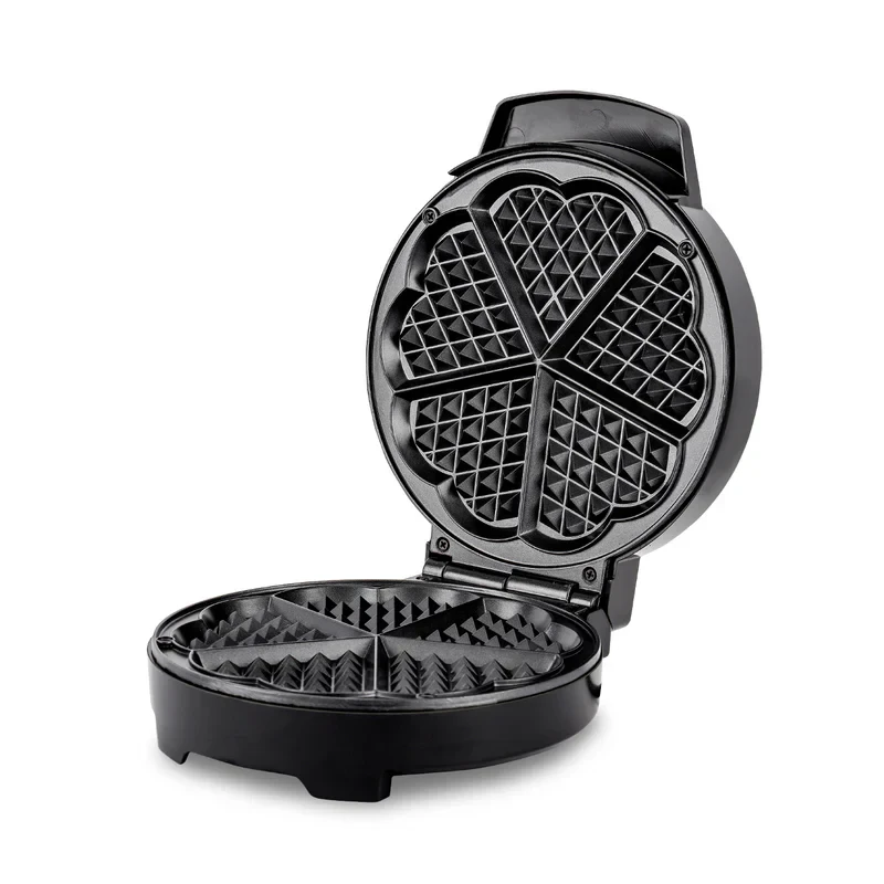Geepas GWM36538 Heart Waffle Maker with 1000W power, adjustable temperature control, non-stick cooking plates, cool-touch handle, and skid-resistant feet.