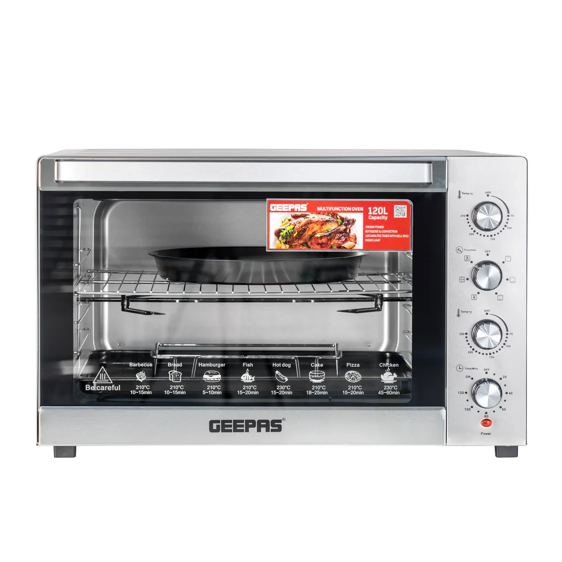 Geepas 120-liter multi-function oven model GO34057 with 2800 watts of power, featuring a rotisserie and convection function, a 120-minute timer, seven heating stages, and a stainless steel design.