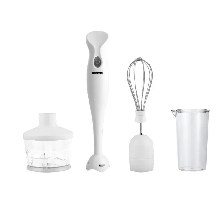 Geepas Hand Blender GHB6144 with 200 watts of power, two speed settings, a stainless steel blade, and comes with a chopper, whisk, and 600ml beaker. It's compact, built to last, and simple to use.