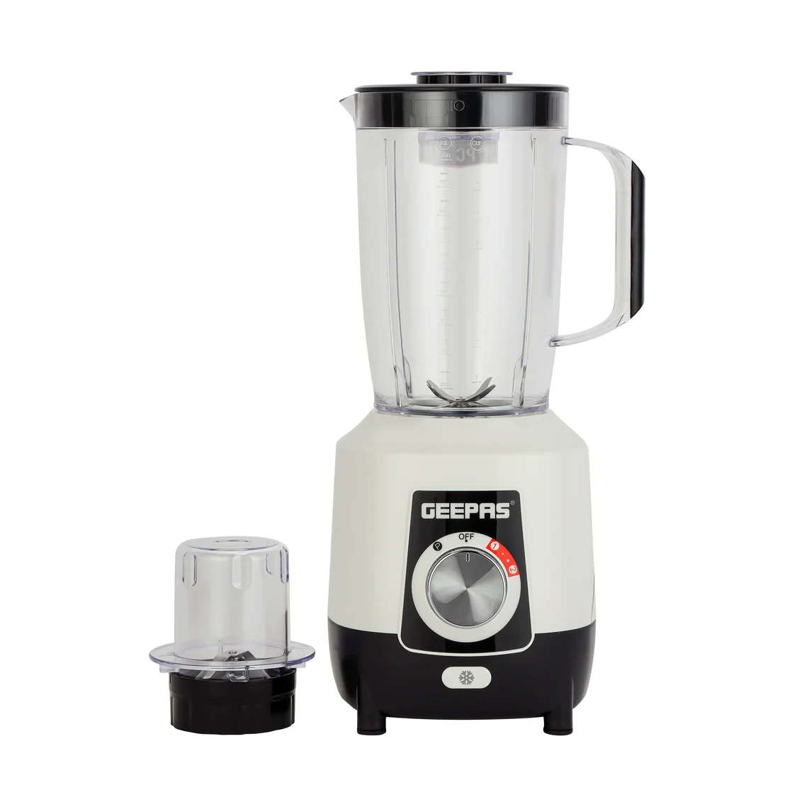 Geepas 2-in-1 Blender GSB44027T has a 600W strong motor. It comes with two speed settings and a pulse function.