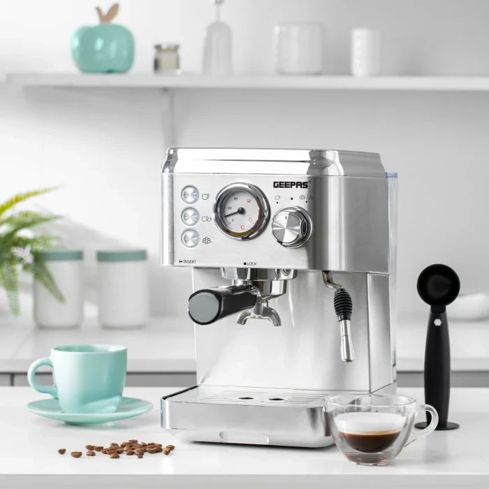 Geepas GCM1523SS Espresso and Cappuccino Coffee Machine features a 20 bar high-pressure pump, a 1.8 liter water tank, a frothing system, dual filters, and is part of the G23 Platinum Series.