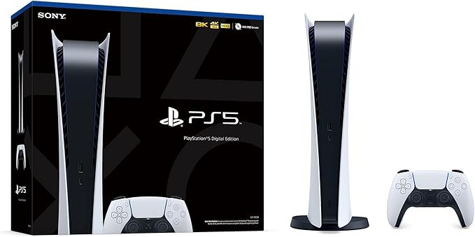 PlayStation 5 Digital Edition from 2023 comes with an 825GB or 1TB SSD, supports 4K gaming, and includes a DualSense Wireless Controller.