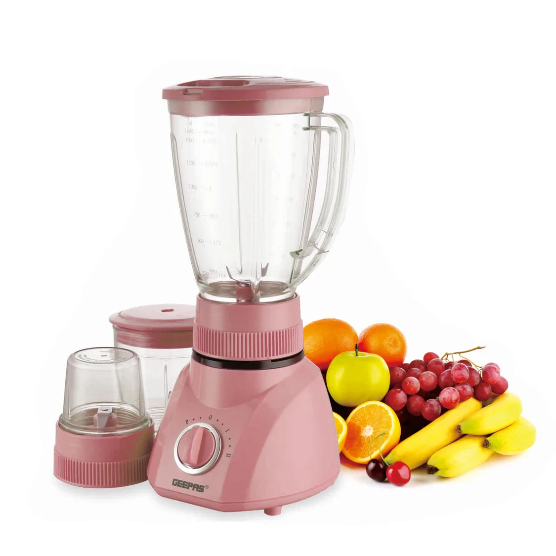 Geepas 3-in-1 Blender GSB1514 features a 400W powerful motor, a 1.6L blender jar, and comes with dry mill and mincer attachments. It has two speed settings along with a pulse function.