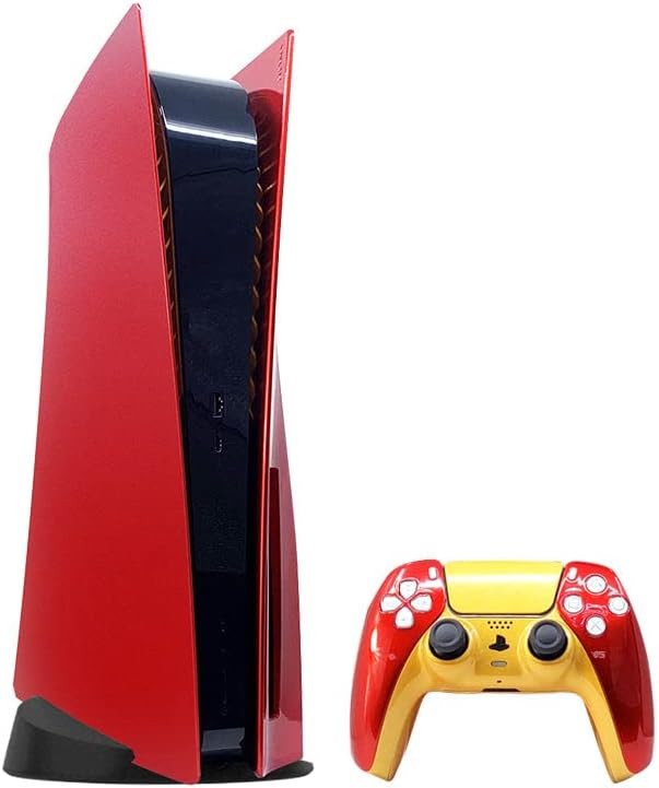 Merlin Craft customized PS5 gaming console with international disc version, includes one customized controller in candy red color, 1TB SSD, and supports 4K gaming.