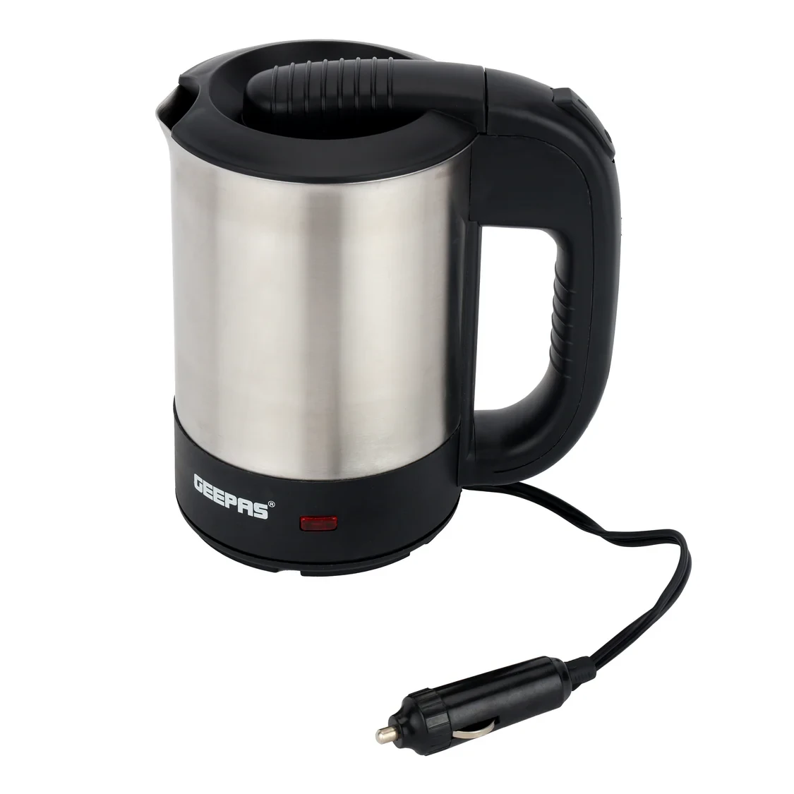 Geepas Stainless Steel Car Kettle GK38041, 0.5L Travel Electric Kettle with 12V Car Adapter, Fast Boiling, Durable Stainless Steel Body, and Safety Features.