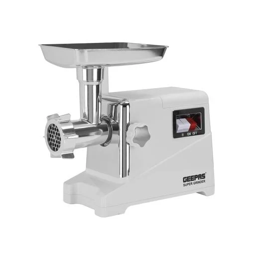 Geepas GMG1911 meat grinder features a 1600W strong motor, reverse function, stainless steel blade, aluminum gearbox, three cutting plates, and comes with sausage and kebbe accessories along with a fo