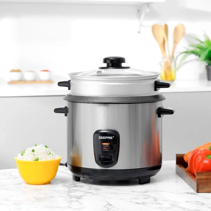 Geepas Multifunction Rice Cooker GRC35040 with a 1.5-liter capacity, perfect for cooking, steaming, and keeping food warm. It features a stainless steel body that's easy to clean.