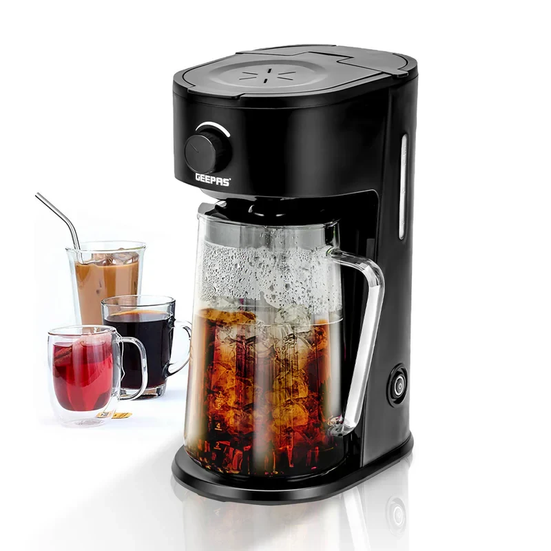 Geepas GCM41516 Ice Tea and Coffee Maker comes with a 2.5-liter jar and an 875ml water tank. It has a 700W power rating, allows you to control the brew strength, features an automatic power-off functi