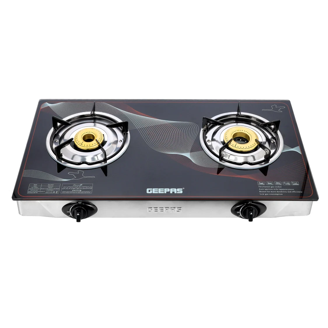 Geepas GGC31027 Gas Cooker features two high-efficiency brass burners and a tempered glass surface. It has automatic ignition for easy use. The design is strong and built to last. The tempered glass t