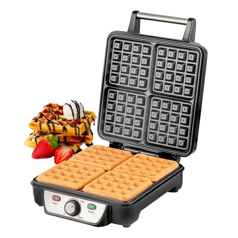 The Geepas K-Slice Waffle Maker model GWM36503UK has 1100W power, non-stick coated plates, adjustable temperature control, a cool-touch housing, and a durable design.