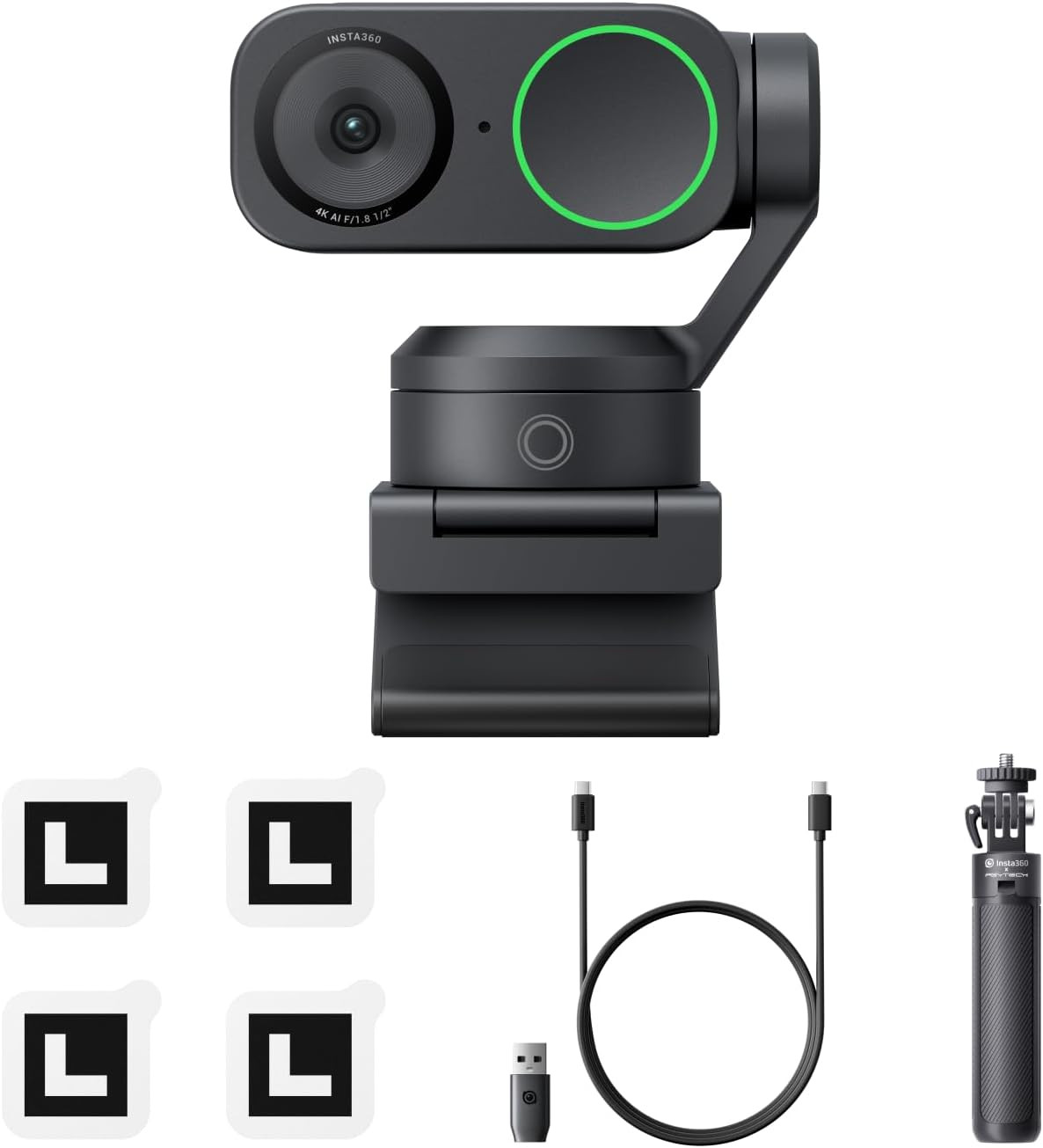 Insta360 Link 2 Black Tripod Bundle - PTZ 4K Webcam for PC/Mac, 1/2" Sensor, AI Tracking, HDR,