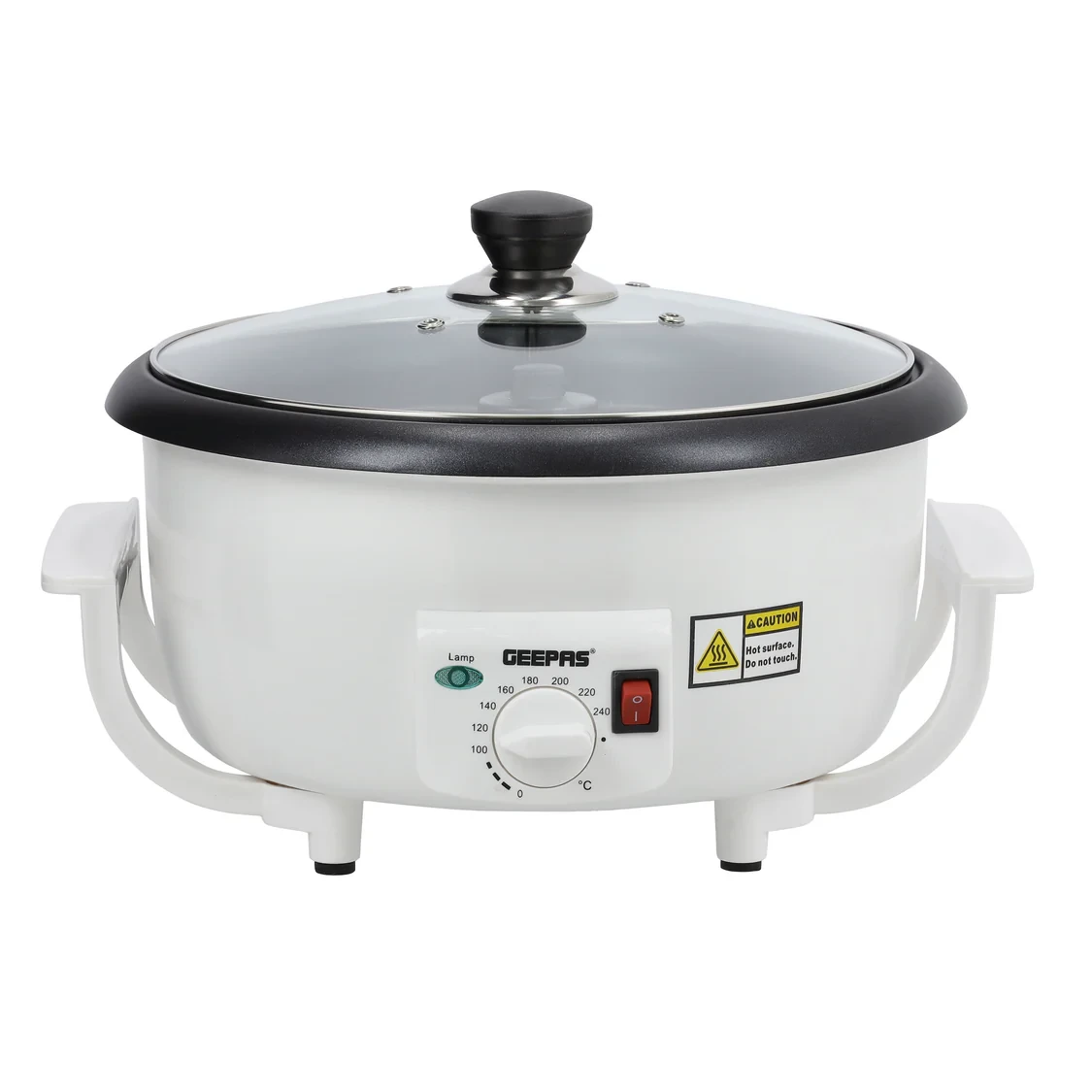 Geepas GCR63038 Coffee Roaster with a 750g large capacity, thermostat for temperature control, 800W strong motor, and a heat-resistant, durable build.