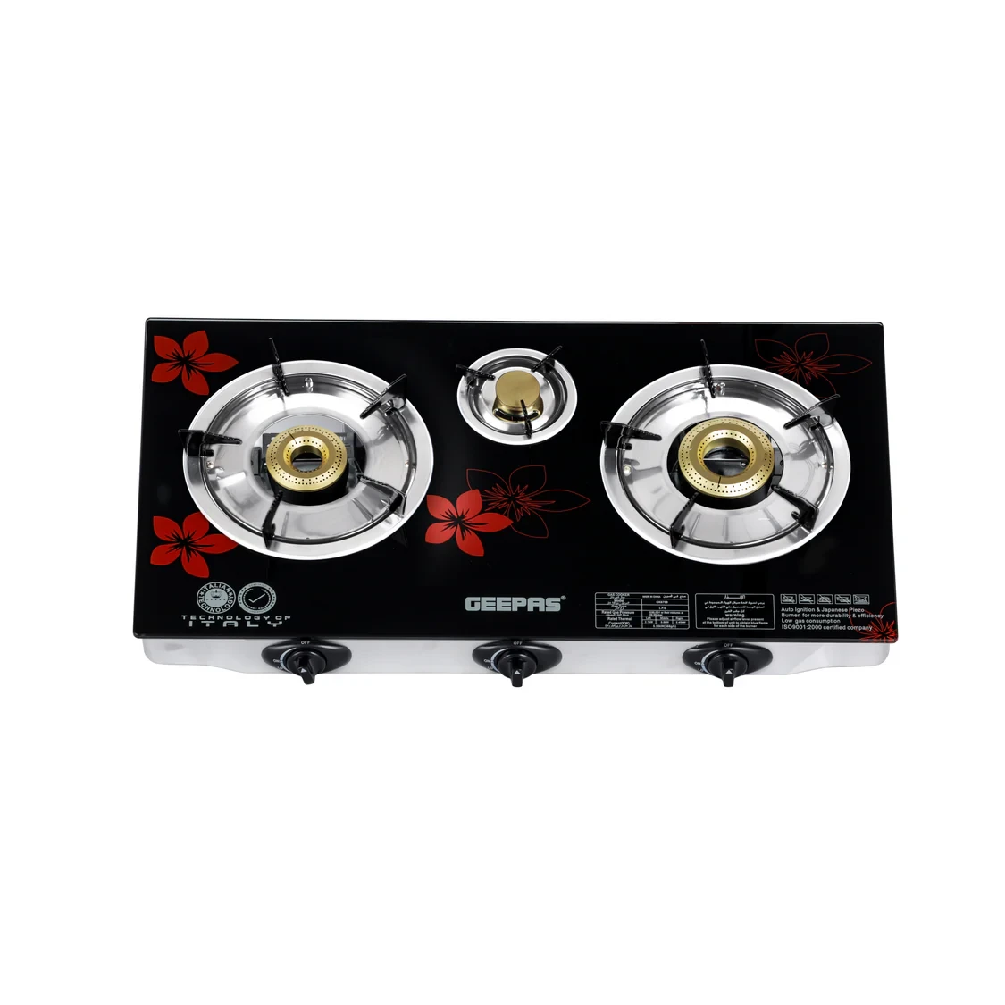 Geepas GK6759 Gas Cooker, featuring a 3-burner gas stove with auto ignition, constructed from a durable stainless steel body, equipped with heavy-duty cast iron burners, and incorporating 60% gas savi