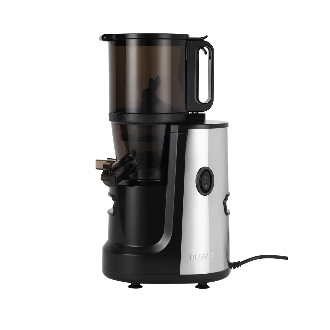 Geepas Slow Juicer GSJ44019UK has a 1.0-liter capacity, uses a full copper motor, features a 140mm wide feeding tube, includes overload safety protection, has non-slip feet, and comes in black.