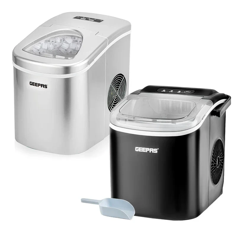 Geepas portable automatic ice maker model GIM63053UK makes 12 kilograms of ice every day. It has a 1.2-liter water tank and can store up to 600 grams of ice. The machine can produce nine ice bullets i