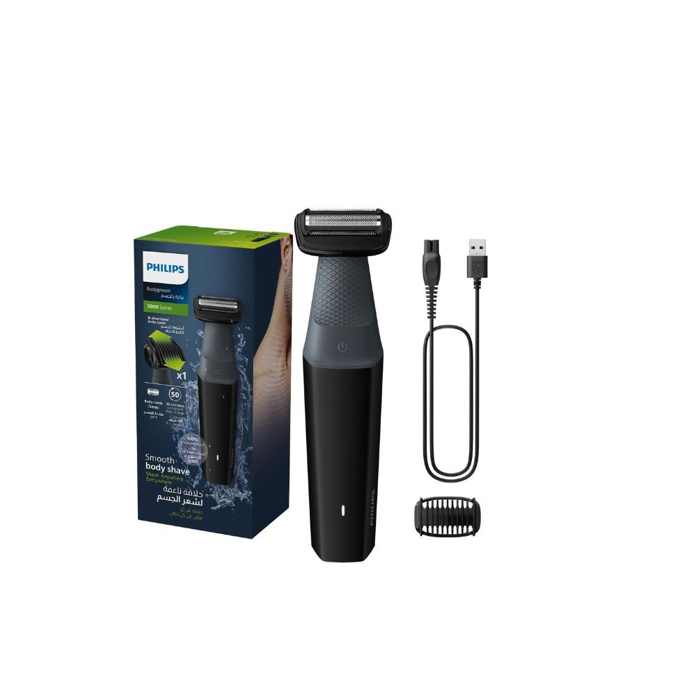 Philips Bodygroom BG3017/01,Showerproof Groin & Body Trimmer,Hypoallergenic Blades, Close & Comfortable Shave, 3mm Comb,50min Cordless, Ergonomic Grip Black/Grey/Silver